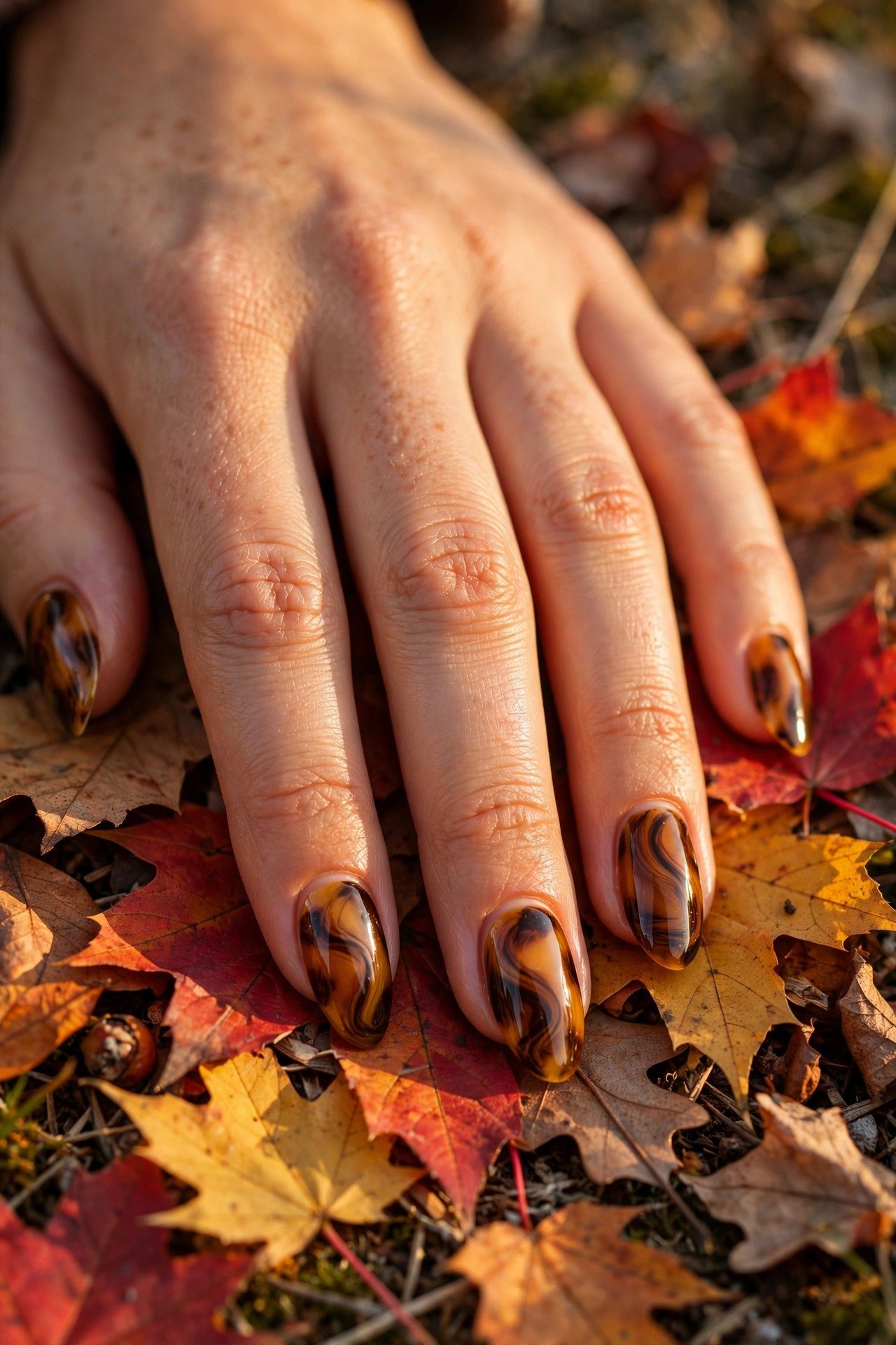 Woman's hand with glossy tortoiseshell nail art — swirled amber, caramel and dark brown pattern on almond nails — over scattered red and gold autumn leaves in golden-hour light
