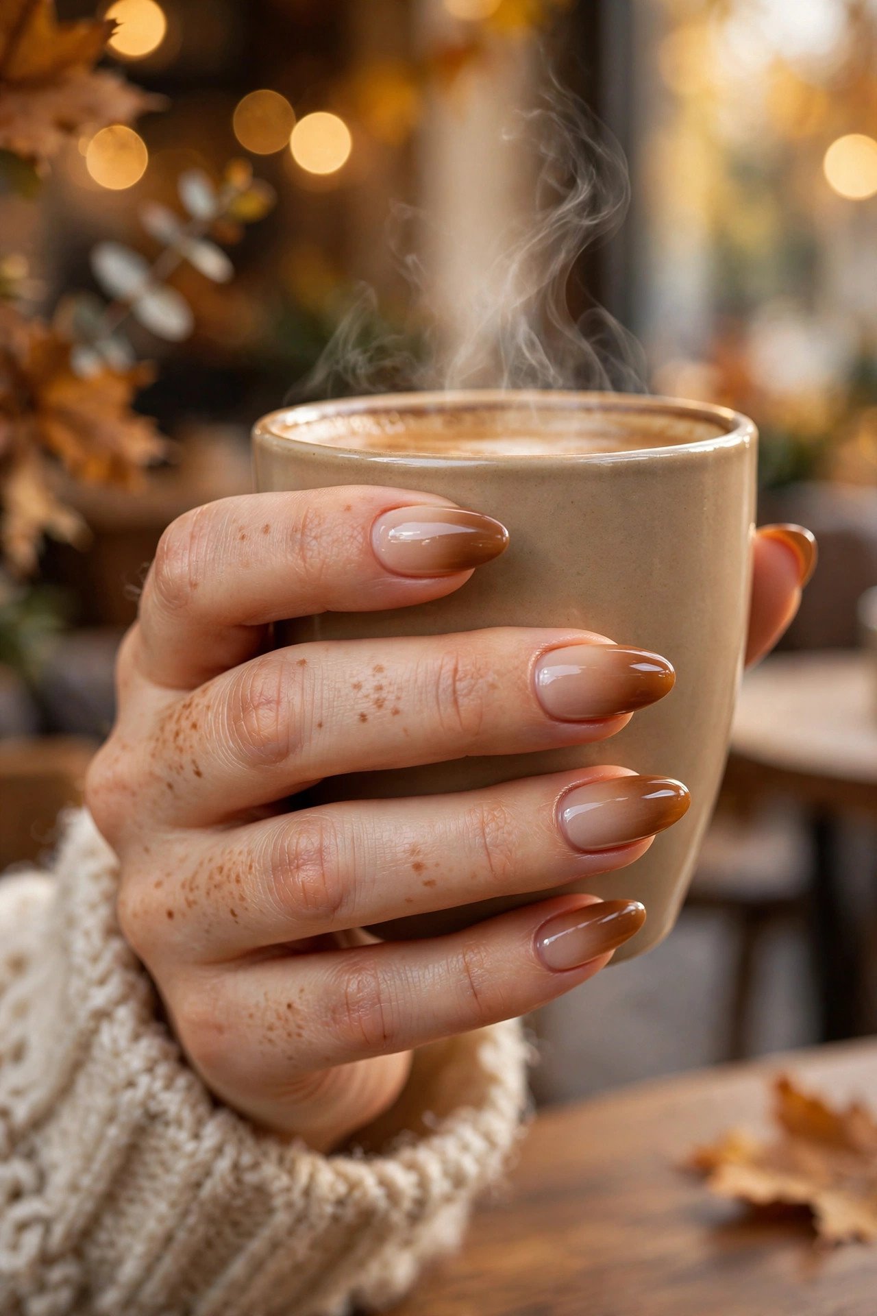 Woman's hand with caramel ombre nails — glossy nude fading into rich caramel brown on almond nails — wrapped around a warm coffee cup with a cozy autumn cafe background