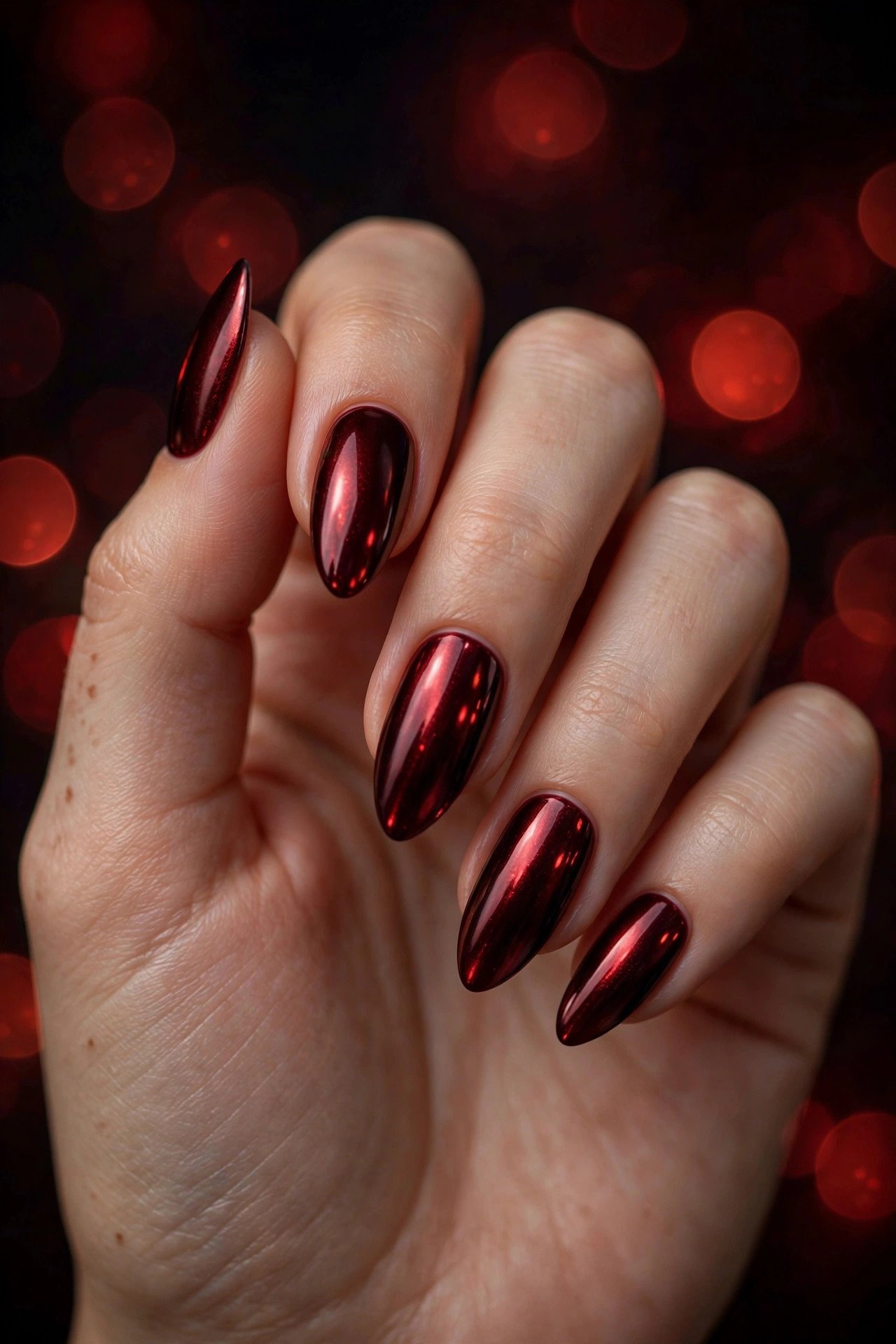 Woman's hand with dark cherry-red chrome nails — metallic mirror-shine finish on almond nails — against a dramatic dark background with warm red bokeh lights