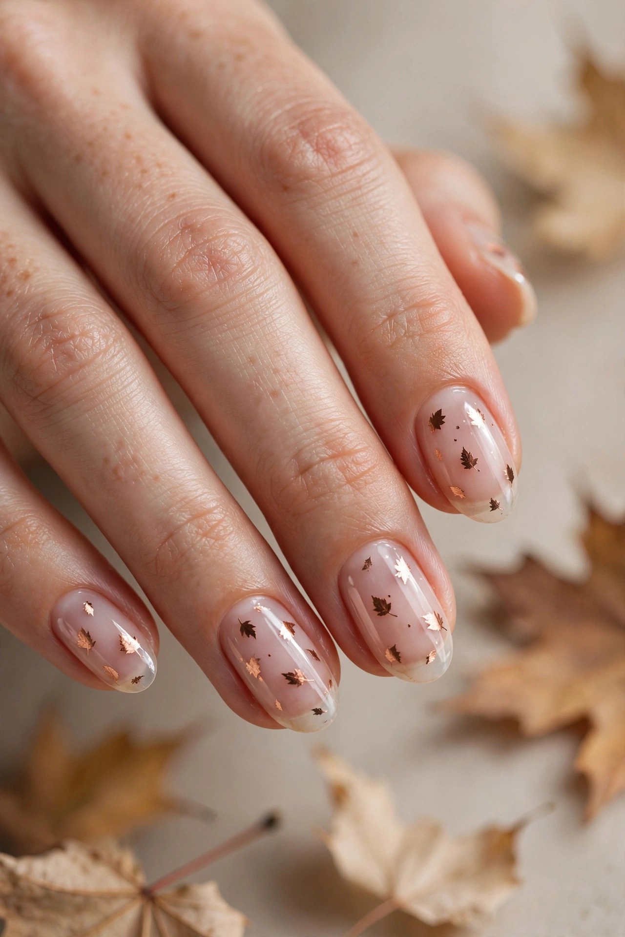 Woman's hand with negative-space nail art — sheer natural base with tiny copper falling-leaf silhouettes scattered across the nails — against a soft beige autumn background