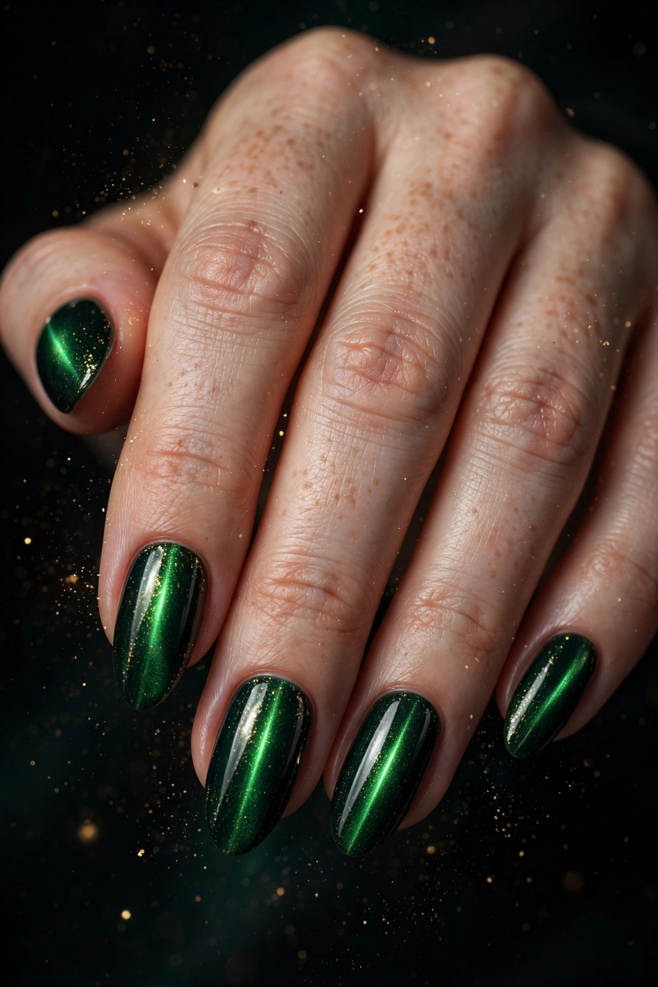 Close-up of almond-shaped nails with deep emerald green magnetic cat eye polish with tiny gold sparkles