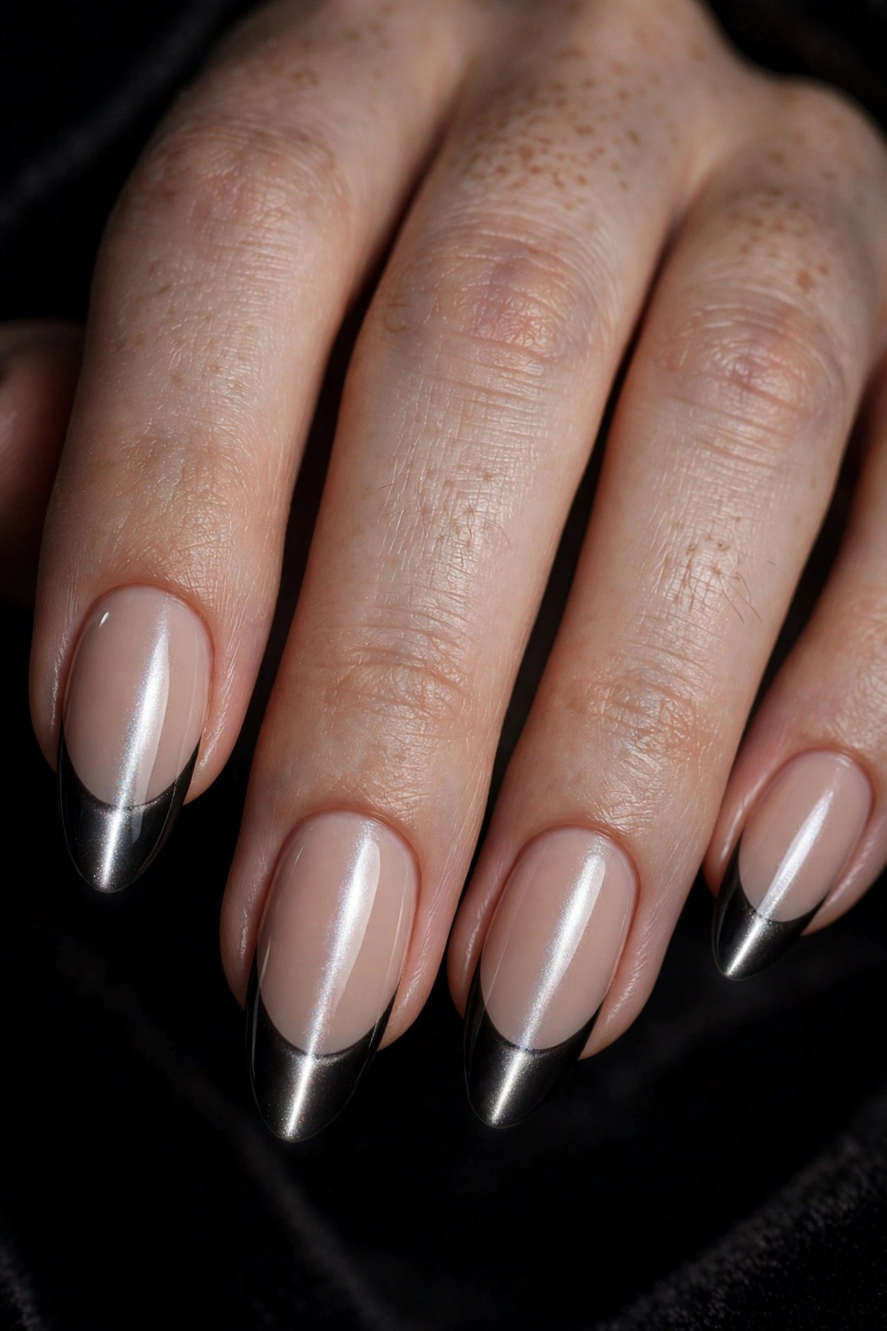 Close-up of almond nails with a nude base and black magnetic cat eye French tips glowing with a metallic beam