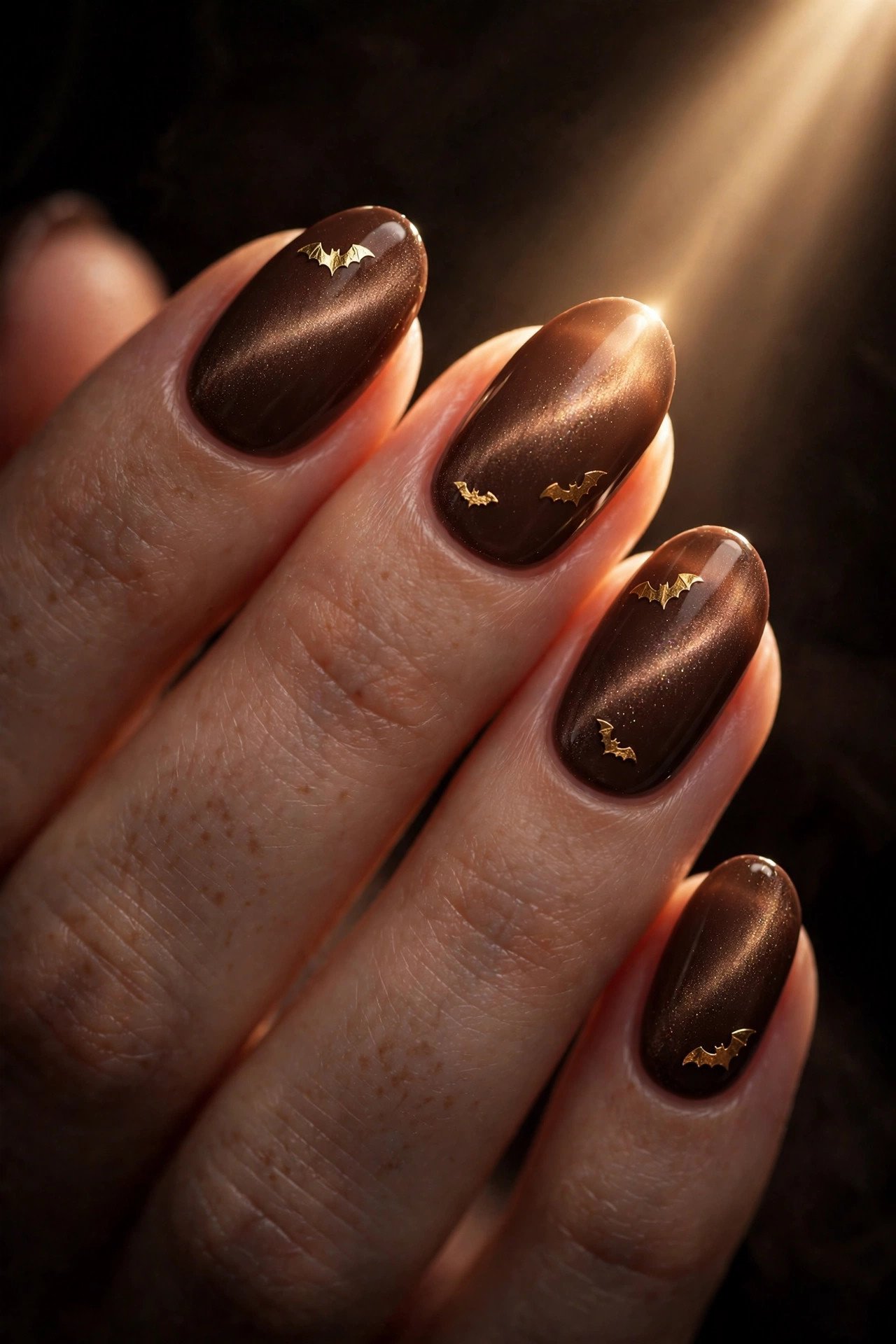 Close-up of oval nails with chocolate brown magnetic cat eye polish decorated with tiny gold foil bat shapes
