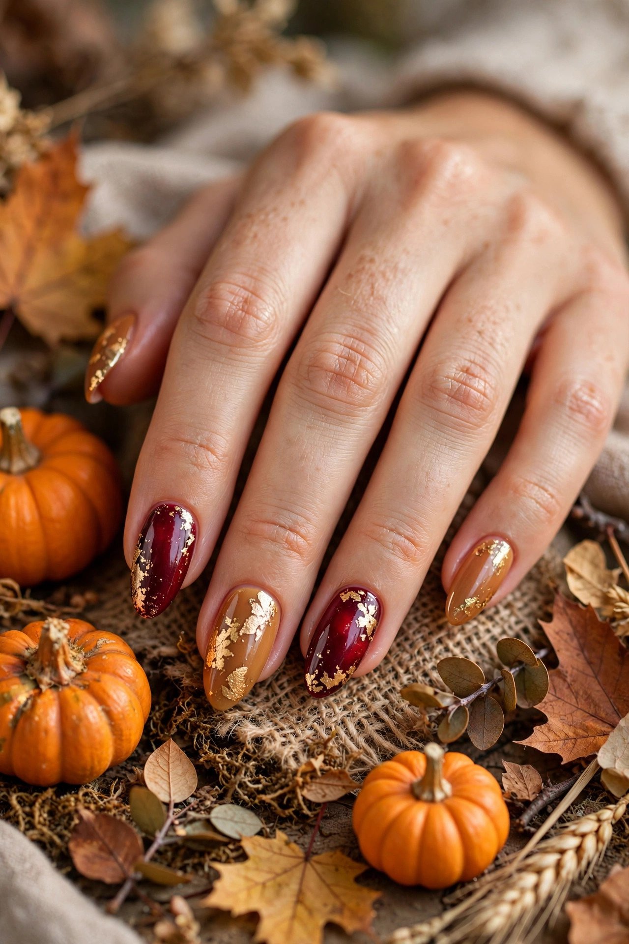 Close-up of an elegant autumn-harvest manicure in warm caramel, cranberry and gold tones with delicate gold foil accents, hand styled beside small pumpkins and fall leaves