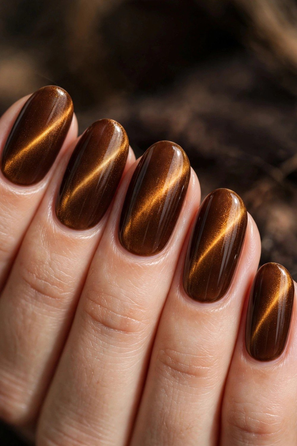 Close-up of nails with a moody amber-brown cat-eye magnetic polish finish with a light-catching shimmer band