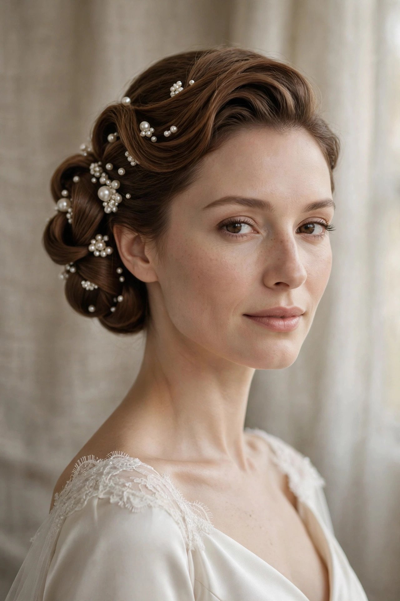 Elegant bridal updo on a woman in soft light, sculpted chignon with pearl details