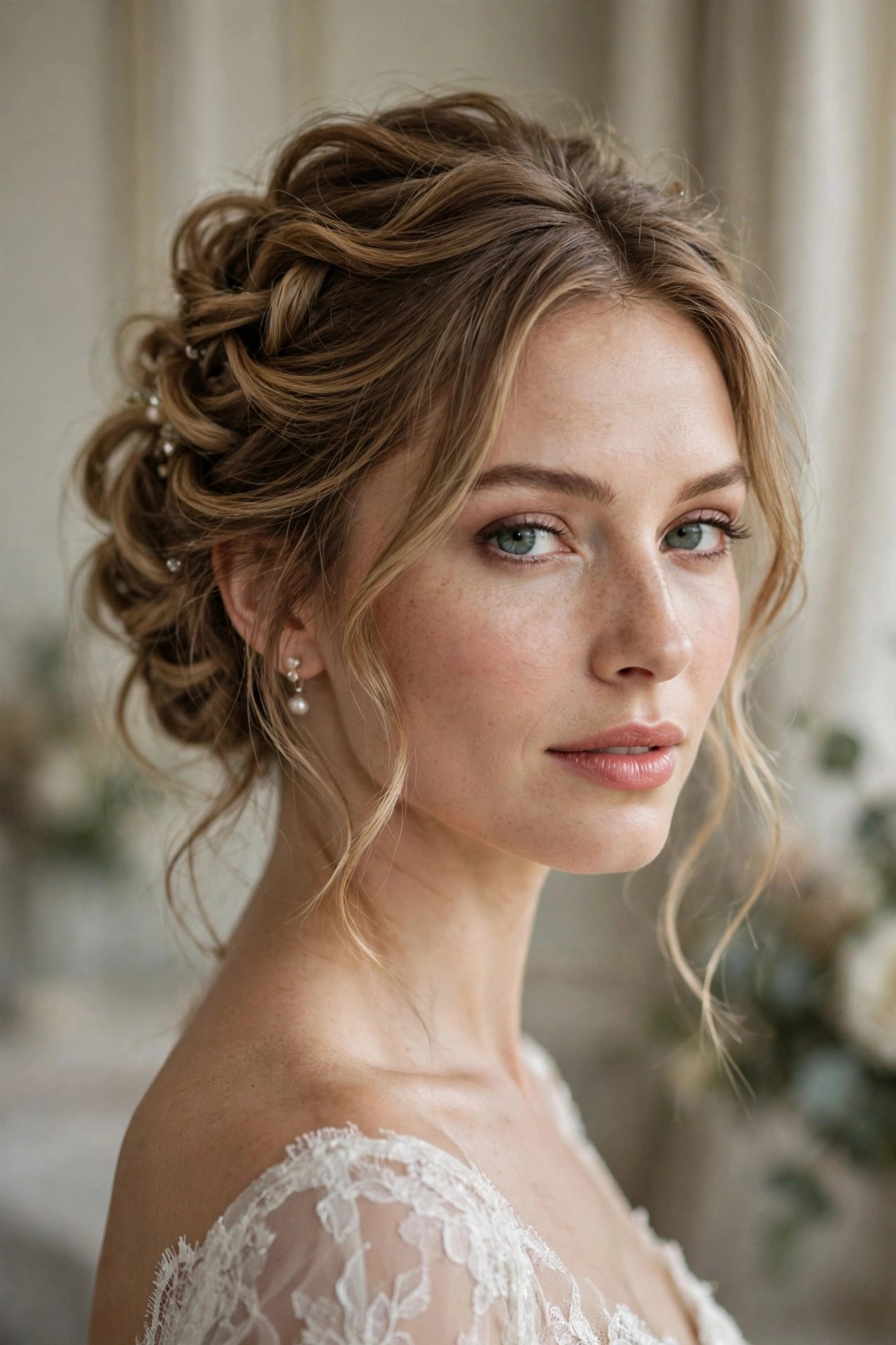 Textured romantic updo with loose twists on a woman, soft dimensional bridal hairstyle