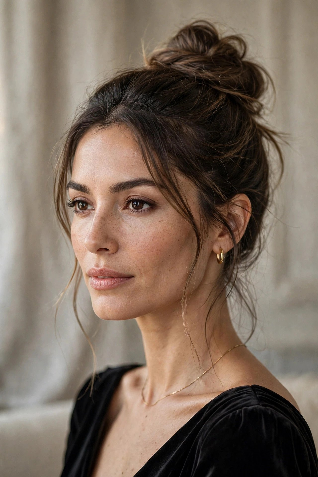 Effortless top knot updo on a woman, chic high bun with soft finish