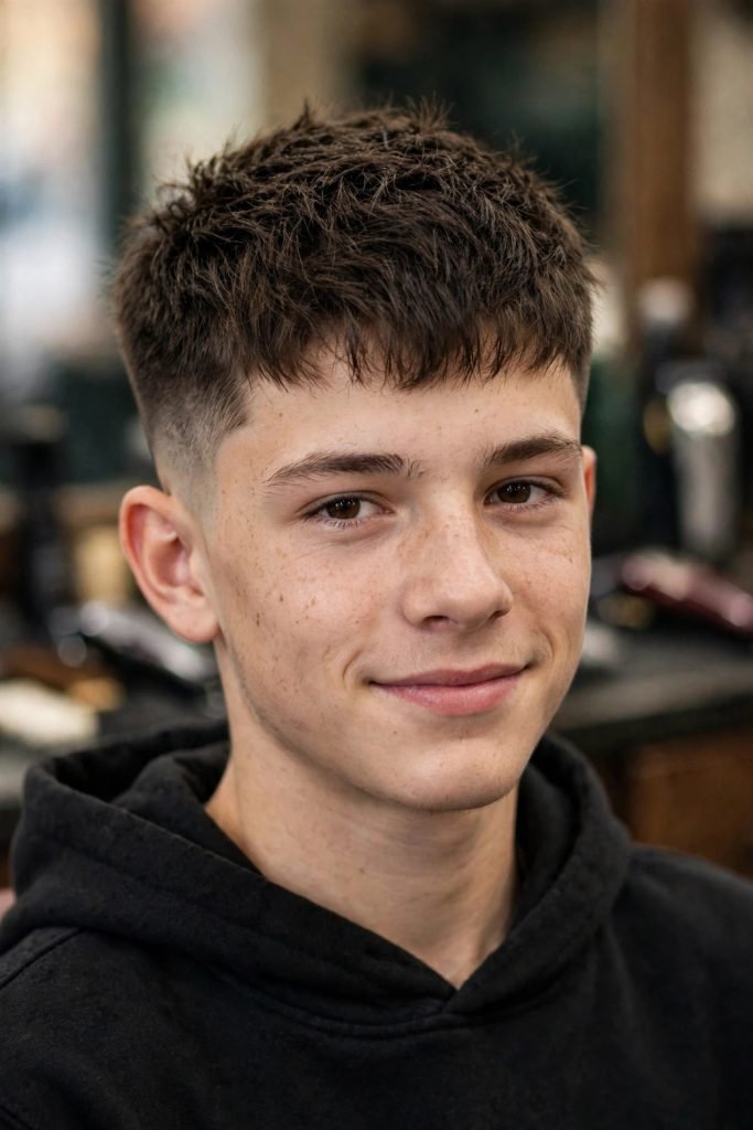 Teen boy with a stylish textured crop haircut and taper fade