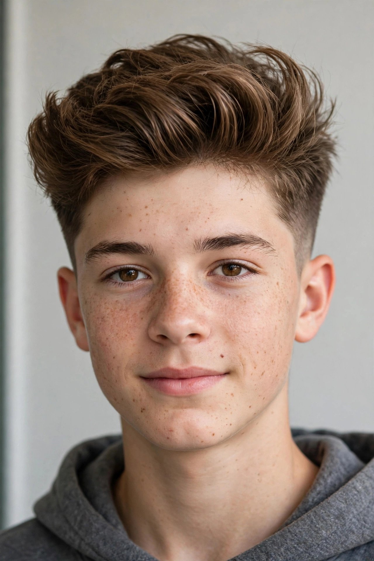 Teen boy with a blowout taper, voluminous top and tapered neckline