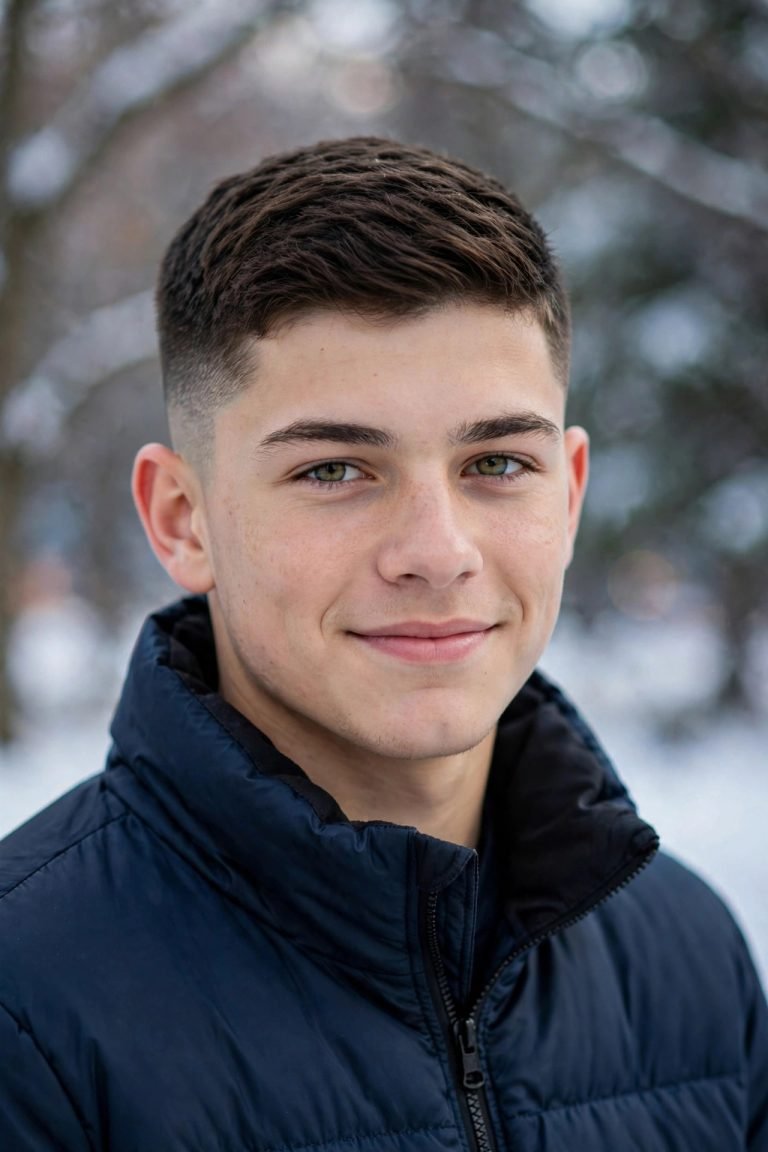 Teen boy with a neat low fade wearing a winter jacket, softly blurred winter background