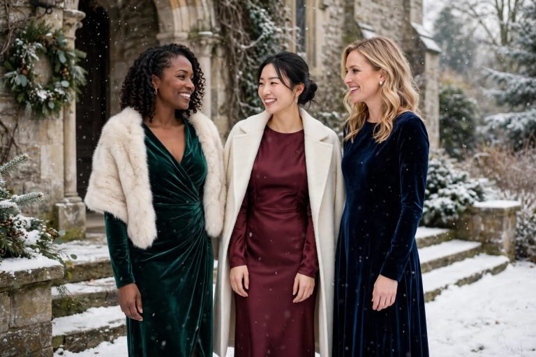 Three women in elegant velvet and satin winter wedding guest dresses at a snowy outdoor wedding venue
