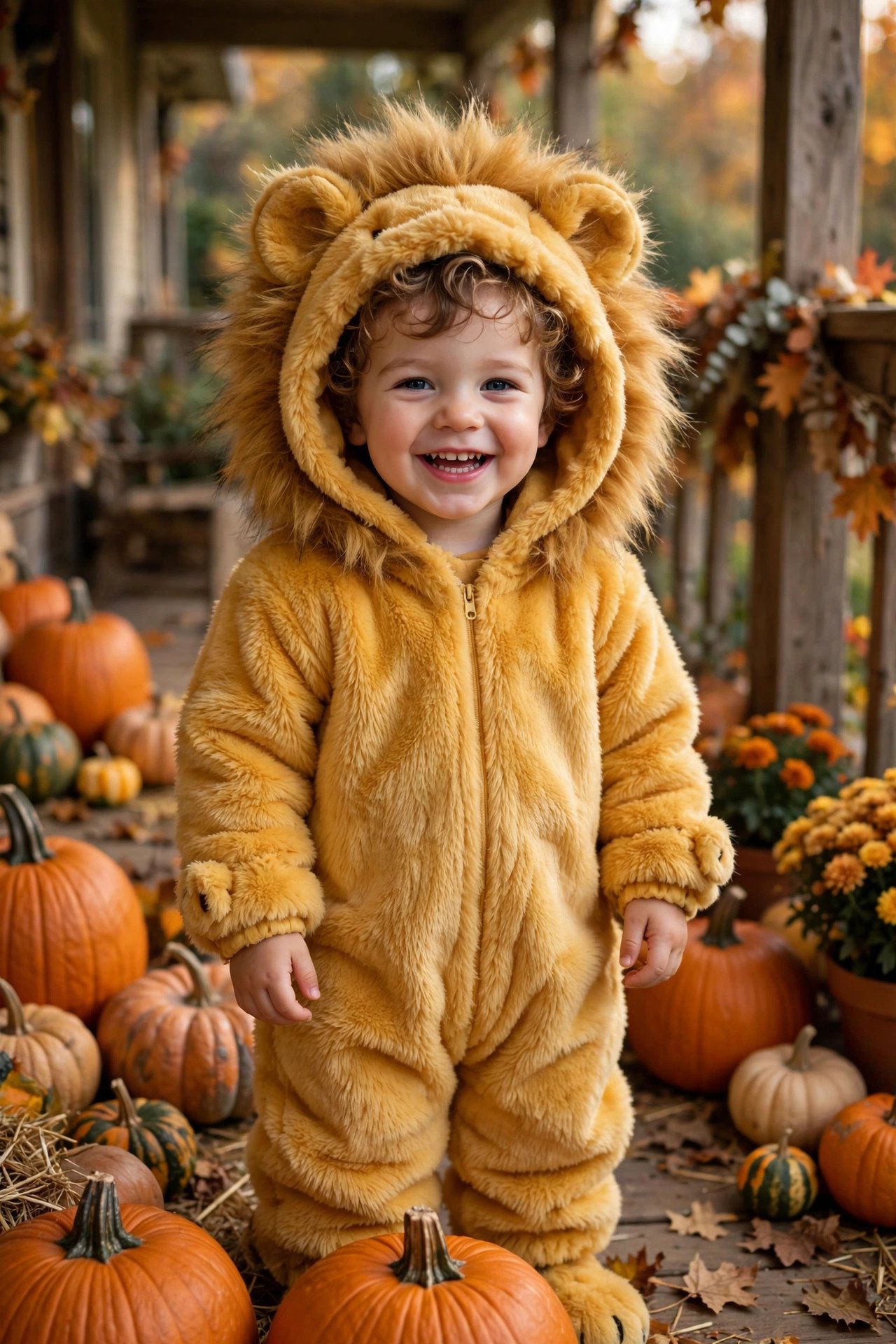 Happy toddler in a fluffy lion cub Halloween costume standing among pumpkins on a festive fall porch
