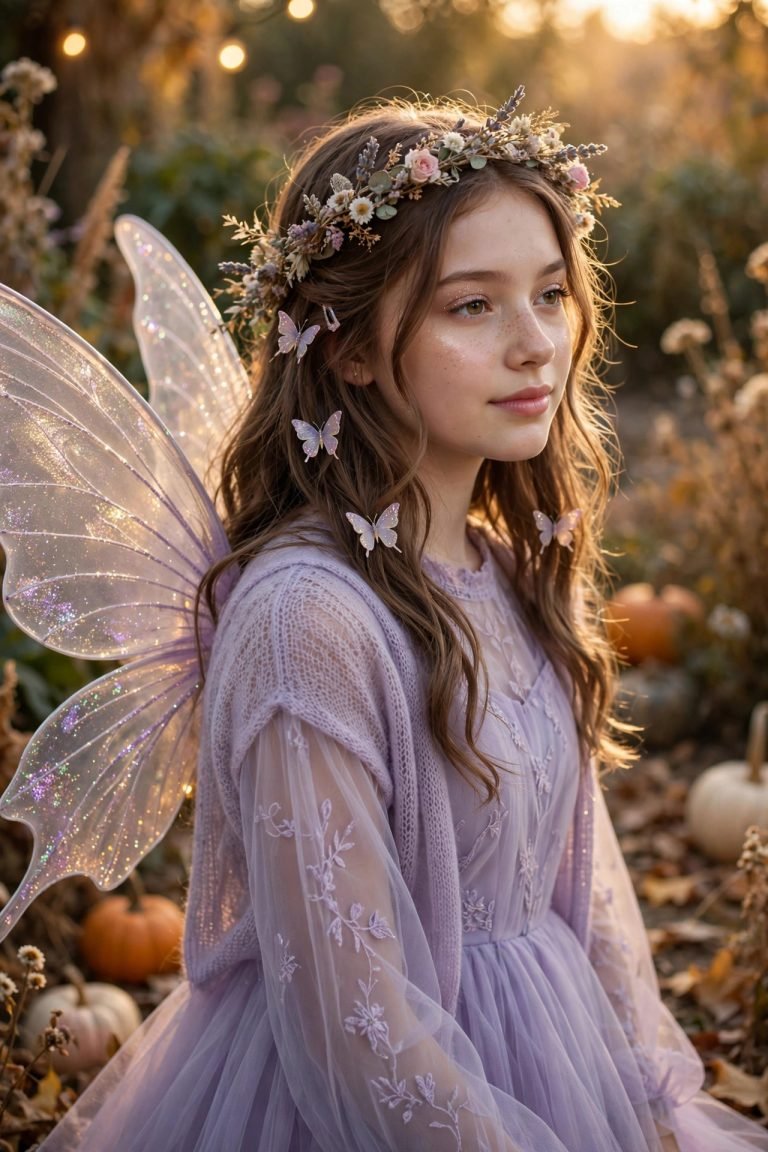 Teen girl wearing an aesthetic fairy Halloween costume with pastel dress and flower crown