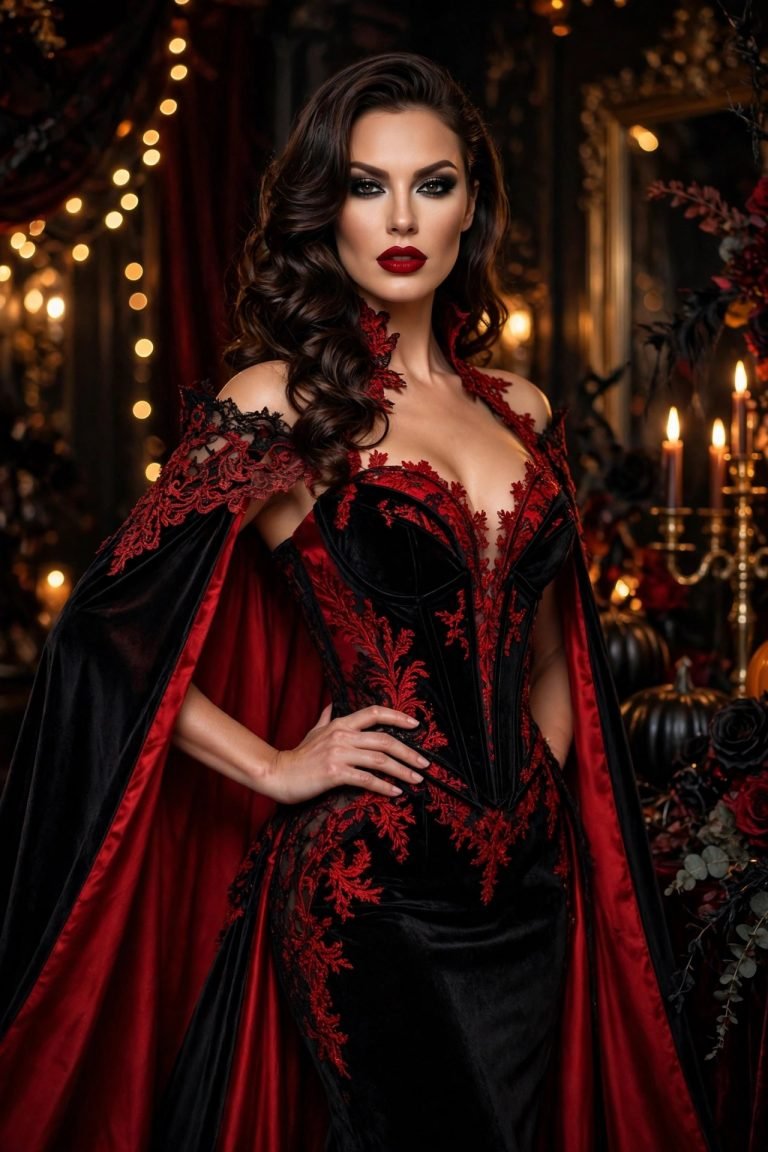 Woman in a glamorous black and red vampire queen Halloween gown with cape at a candlelit party