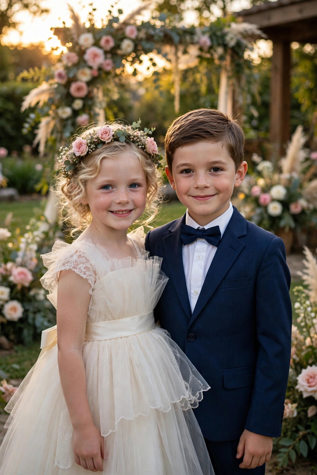 Adorable flower girl in ivory tulle dress with satin sash standing next to a dapper little boy in a navy suit at a wedding venue