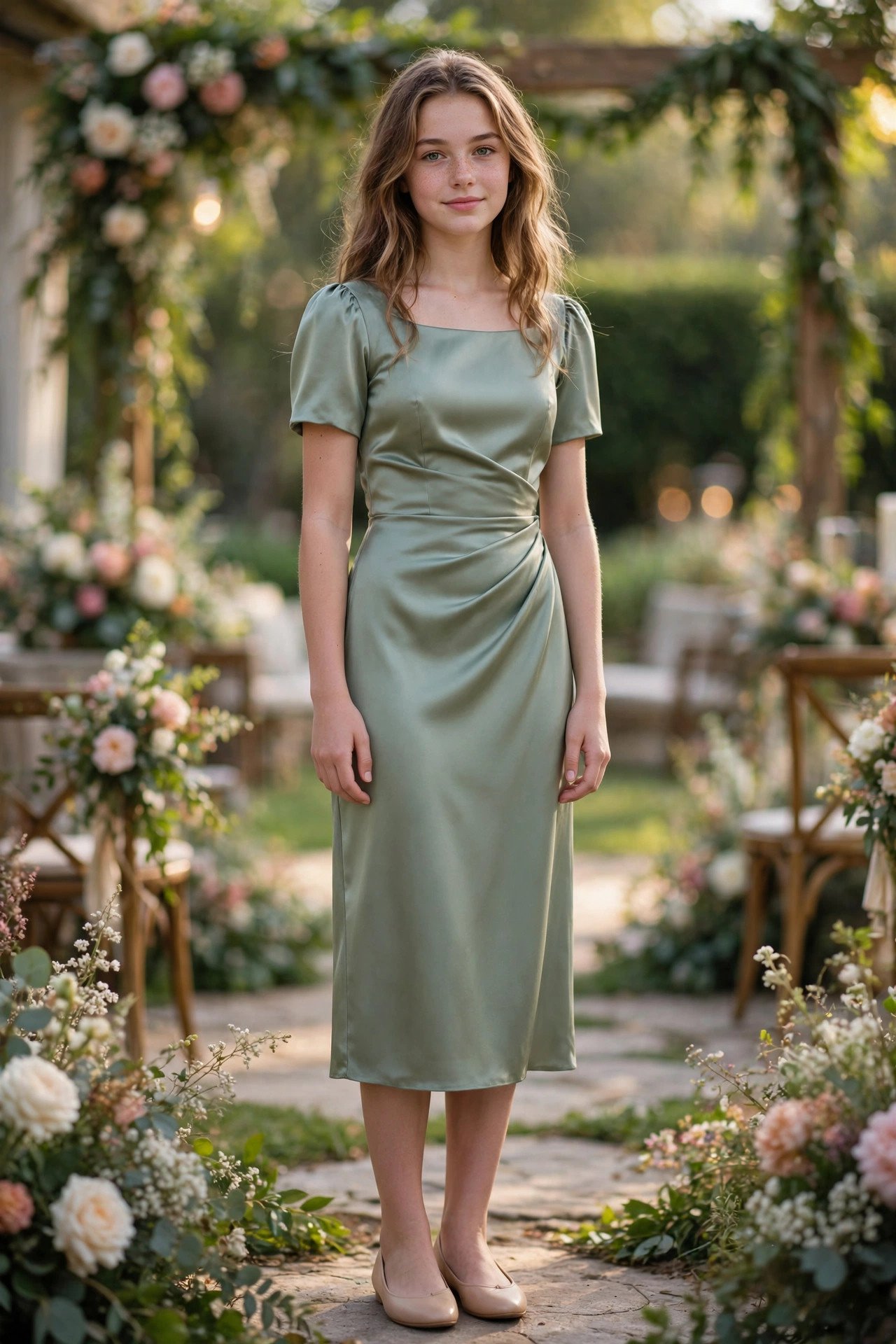Teenage girl in a modest sage green satin midi dress at a wedding venue