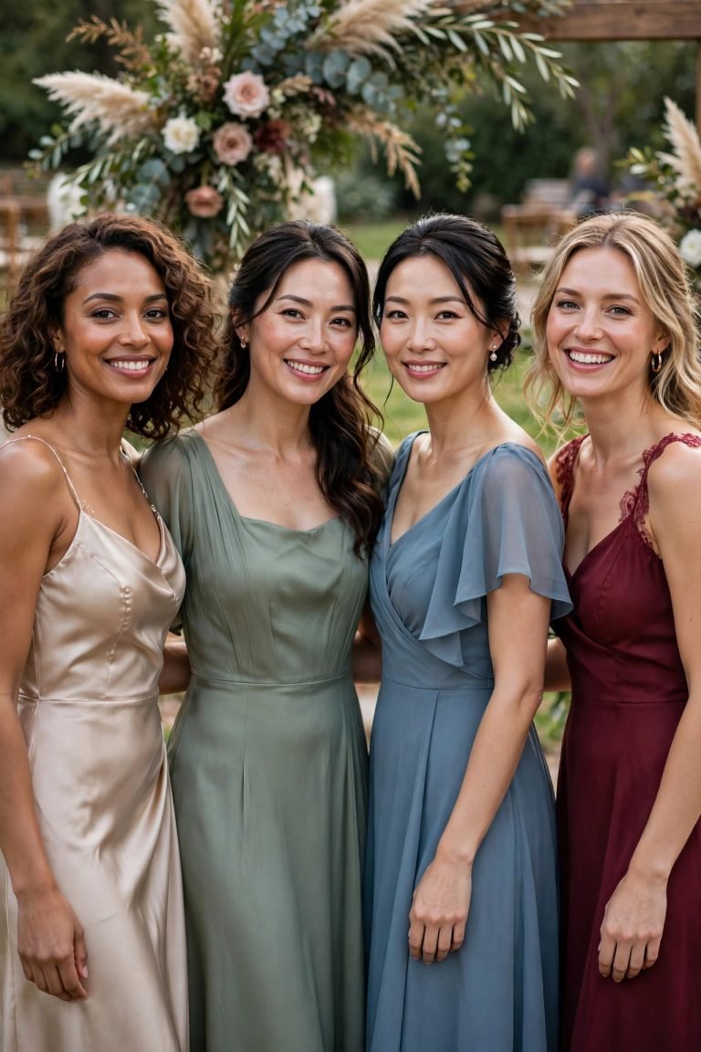 Group of bridesmaids in coordinated elegant bridesmaid dresses in champagne, sage, dusty blue and burgundy at an outdoor wedding