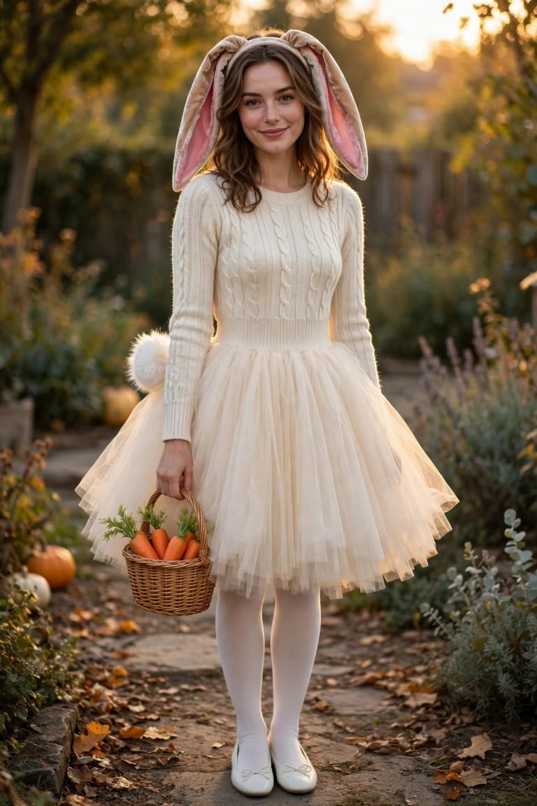 Adult woman in an adorable cute bunny Halloween costume with floppy velvet ears, cream knit dress and pom-pom tail