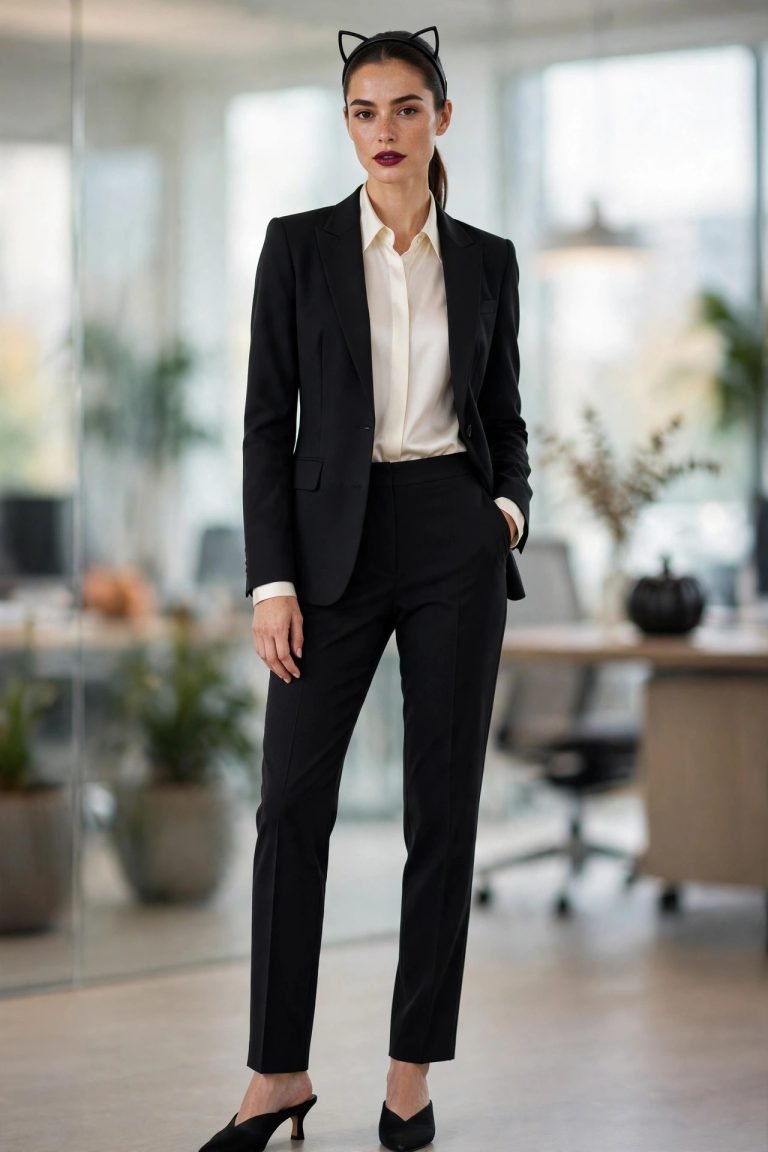 Woman in a polished Halloween office outfit — black blazer with subtle cat-ear headband, white blouse, and tailored black trousers