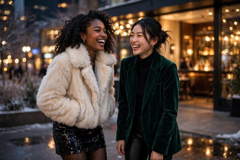 Two stylish friends laughing outside a glowing city bar at night in winter, one in a sequin skirt and faux-fur jacket