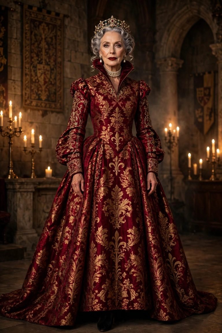 Elegant mature woman in an Elizabethan queen Halloween costume with ruby brocade gown and pearl jewelry