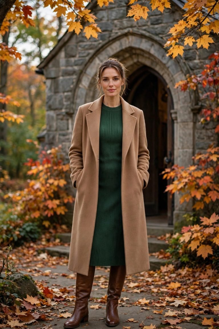 Woman in a forest green sweater dress and camel coat standing outside a stone church with autumn leaves
