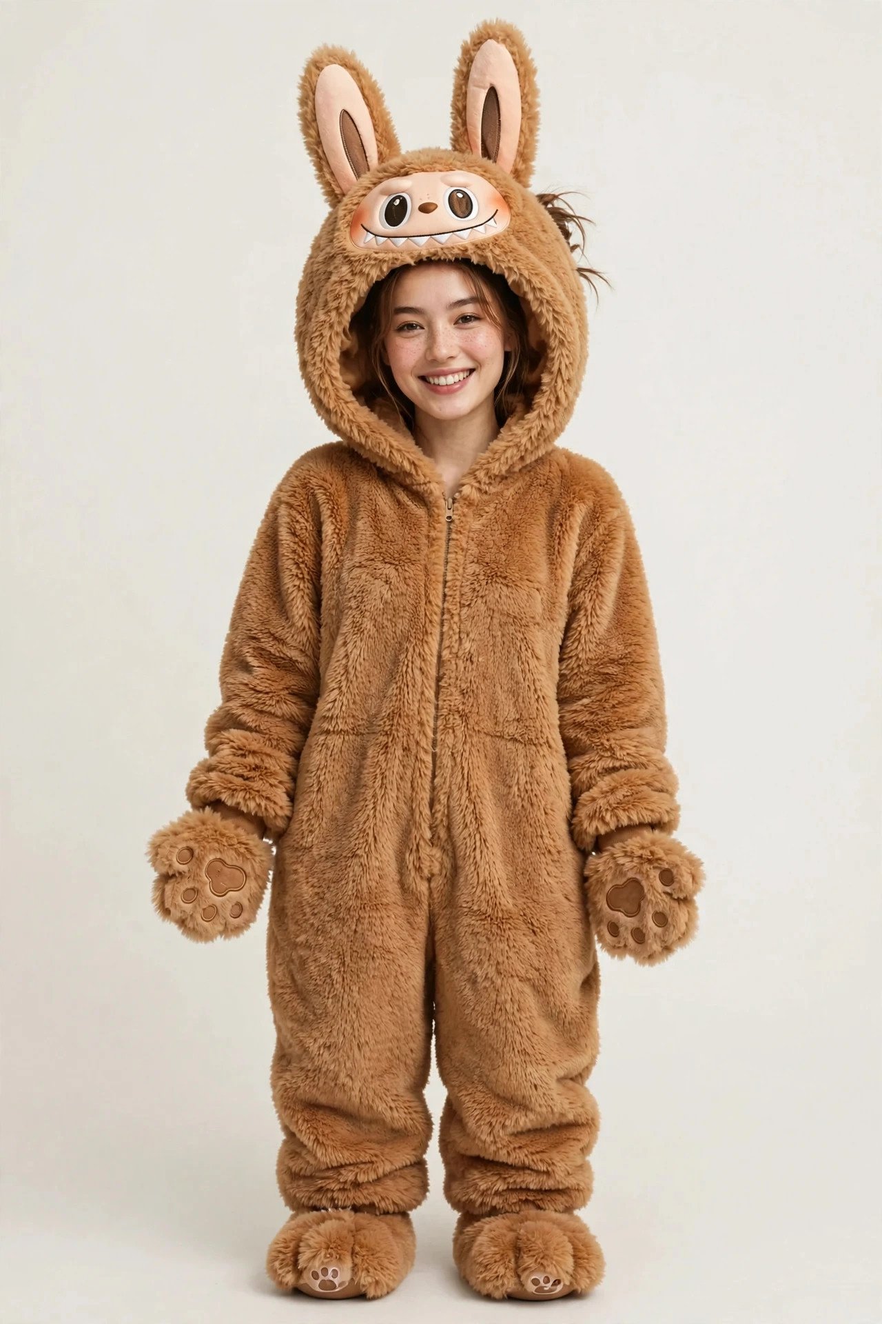 Woman wearing a fluffy Labubu costume with long bunny ears and a toothy grin