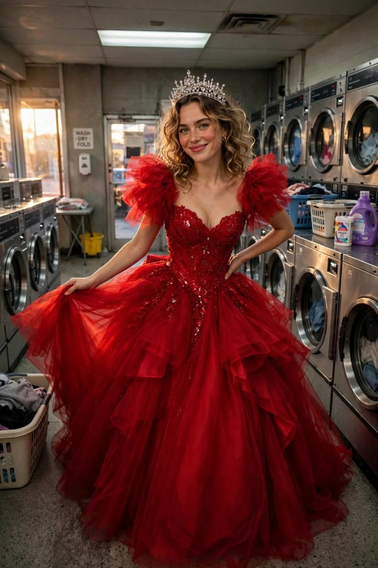 Woman in a dramatic red ball gown with a tiara standing in an ordinary laundromat