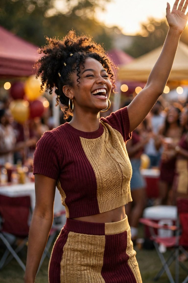 Joyful young Black woman laughing at a festive HBCU homecoming tailgate in a burgundy and gold color-block outfit with gold hoop earrings, tents and balloons behind her