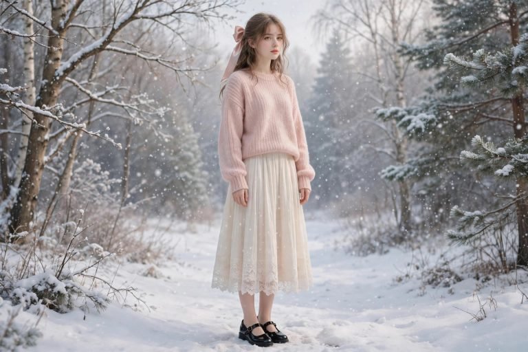 Woman in a blush pink sweater and lace-trim skirt with a satin bow standing in falling snow