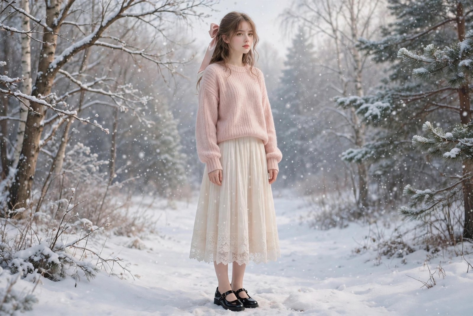 Woman in a blush pink sweater and lace-trim skirt with a satin bow standing in falling snow