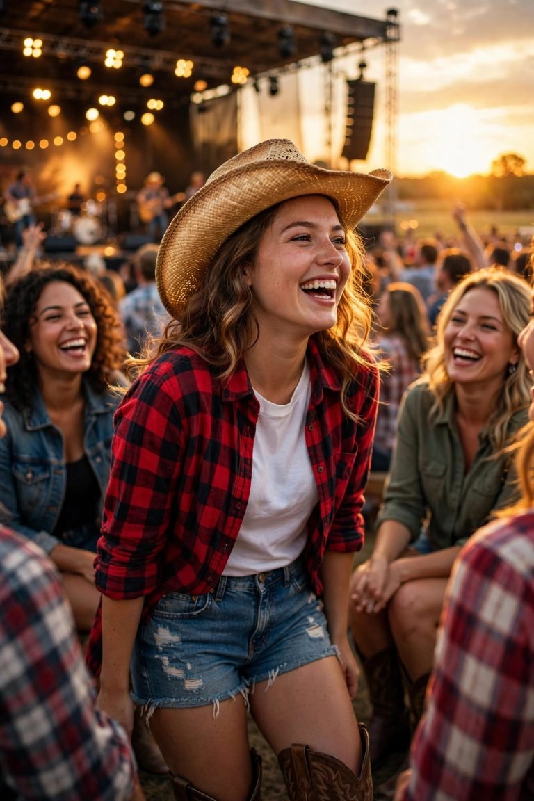 Joyful young woman laughing with friends at an outdoor country music concert at sunset, wearing a red plaid flannel shirt, denim shorts, cowboy boots and a straw cowboy hat