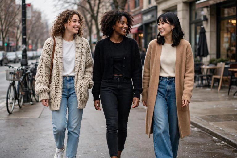 Three women in cardigan and jeans outfits — chunky oatmeal, cropped black and longline camel cardigans — on a winter street