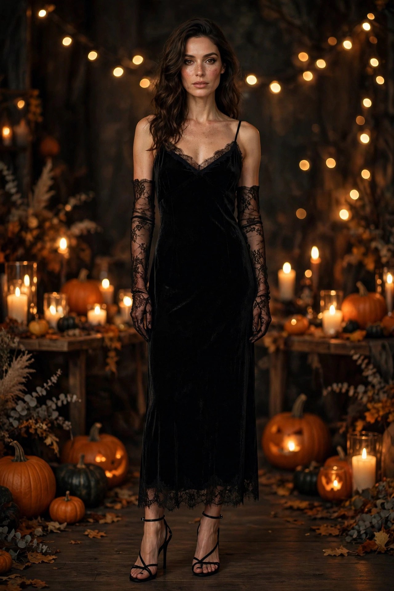 Woman in a black velvet slip dress with lace gloves at a candlelit Halloween party