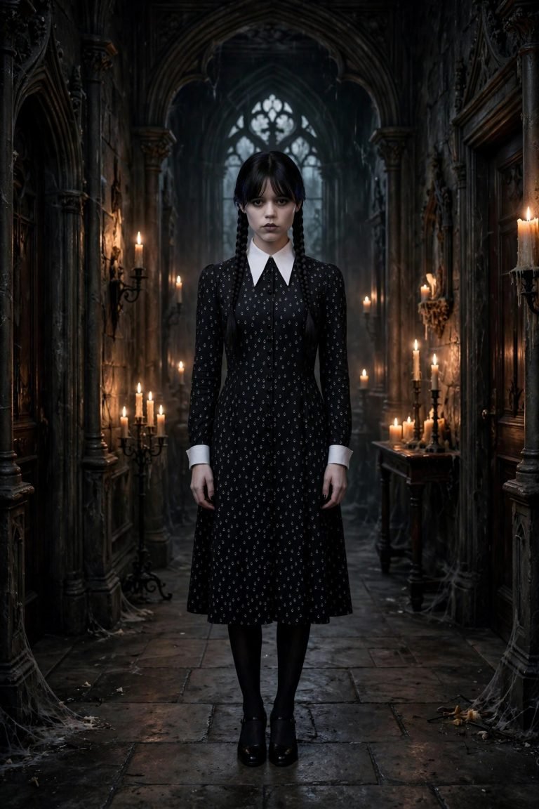 Woman dressed as Wednesday Addams in black dress with white collar and braids in a spooky mansion