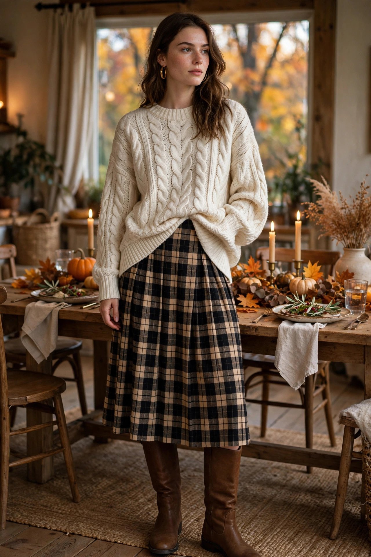 Woman in a chunky cream sweater and plaid midi skirt with knee-high boots at a fall dinner