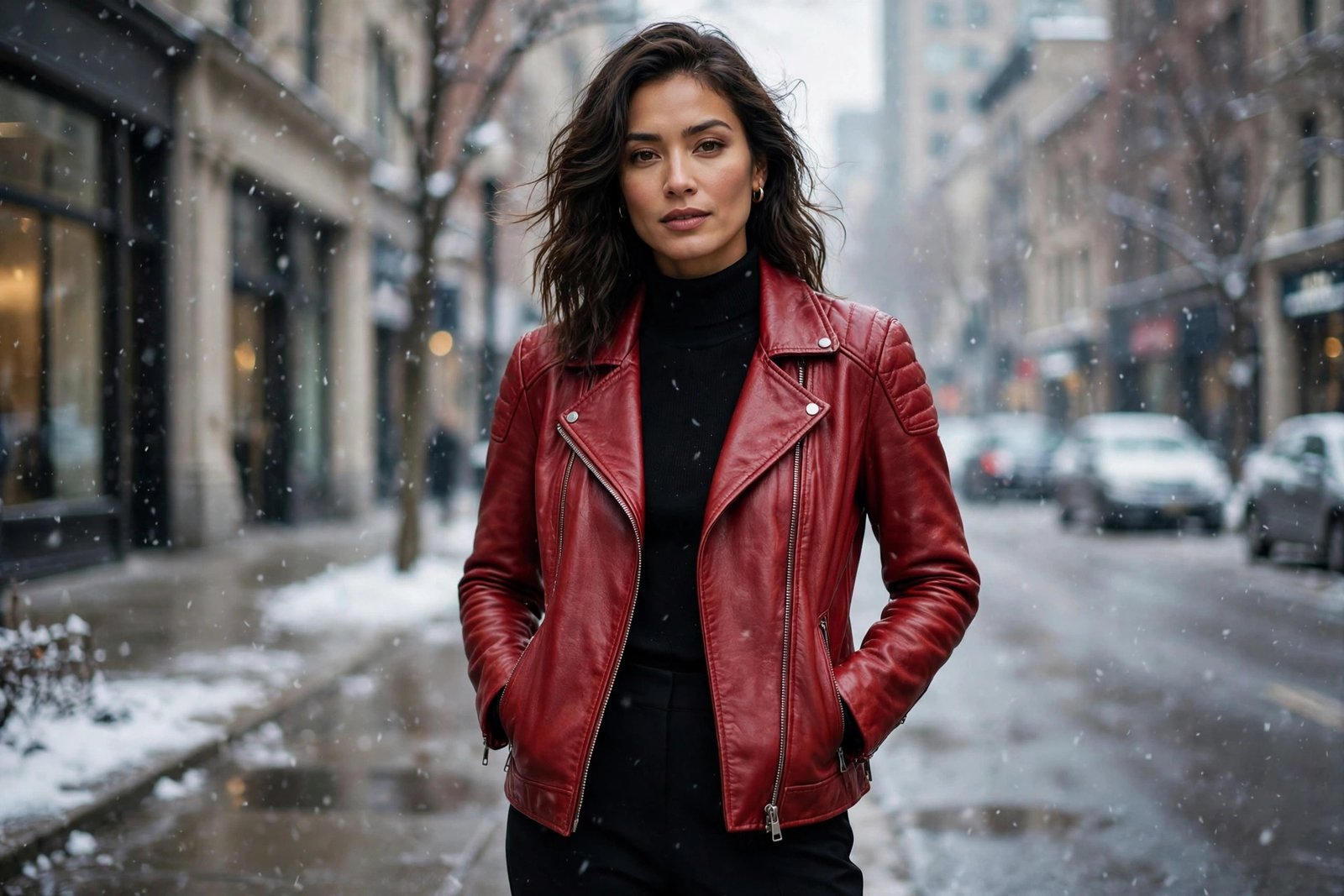 Woman in a red leather moto jacket styled over a chic outfit on a winter city street, bold fashion hero shot