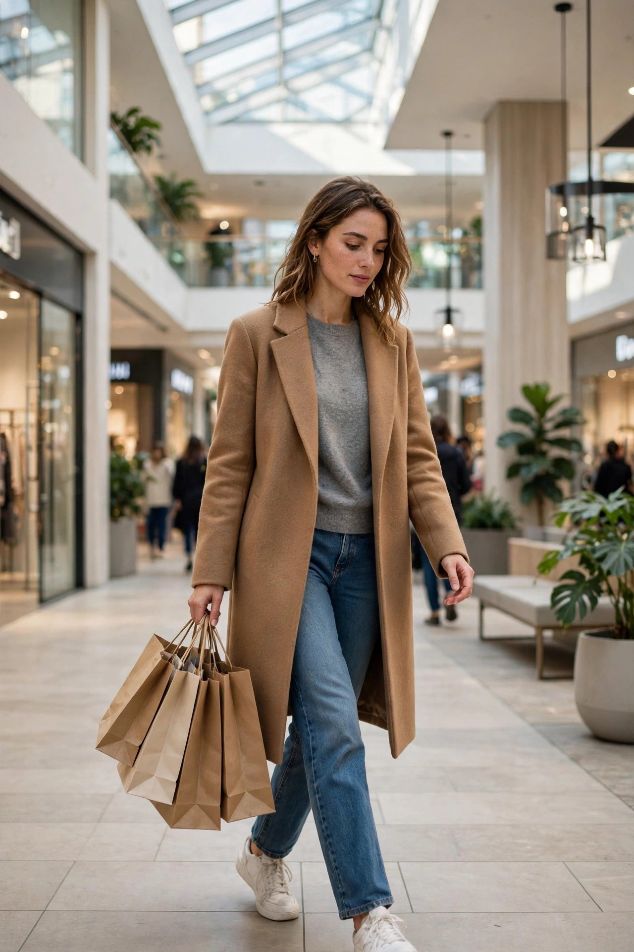 Woman in camel coat, grey sweater, straight jeans and white sneakers carrying shopping bags in a mall