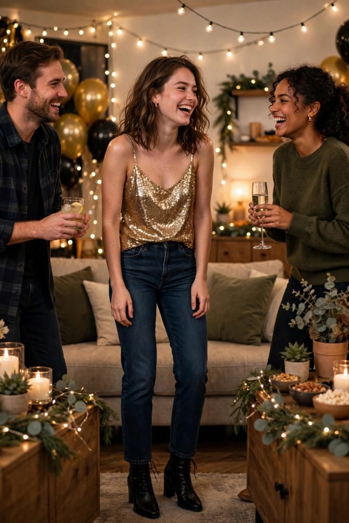 Woman in a gold sequin camisole and dark jeans laughing at a New Year's Eve house party