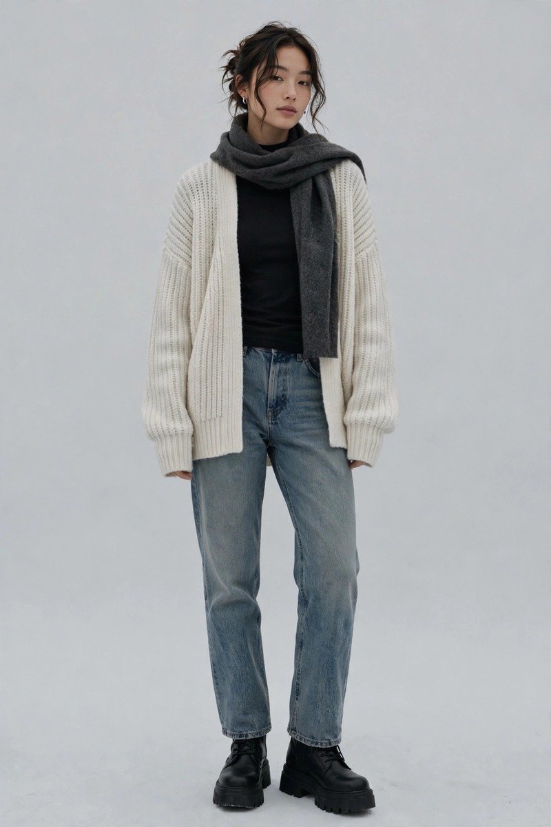 Woman in a black thermal long-sleeve top under a chunky off-white ribbed cardigan with faded jeans, charcoal wool scarf and chunky black boots