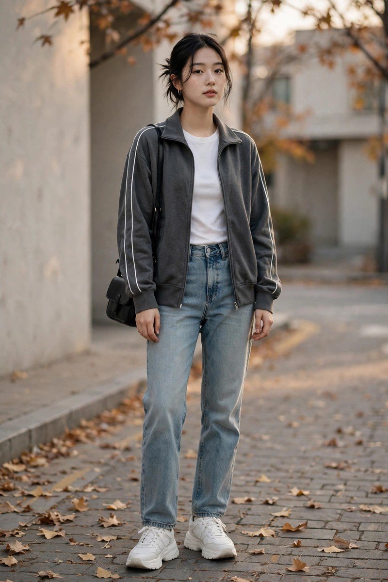 Woman in charcoal zip-up track jacket with white piping and faded straight-leg jeans