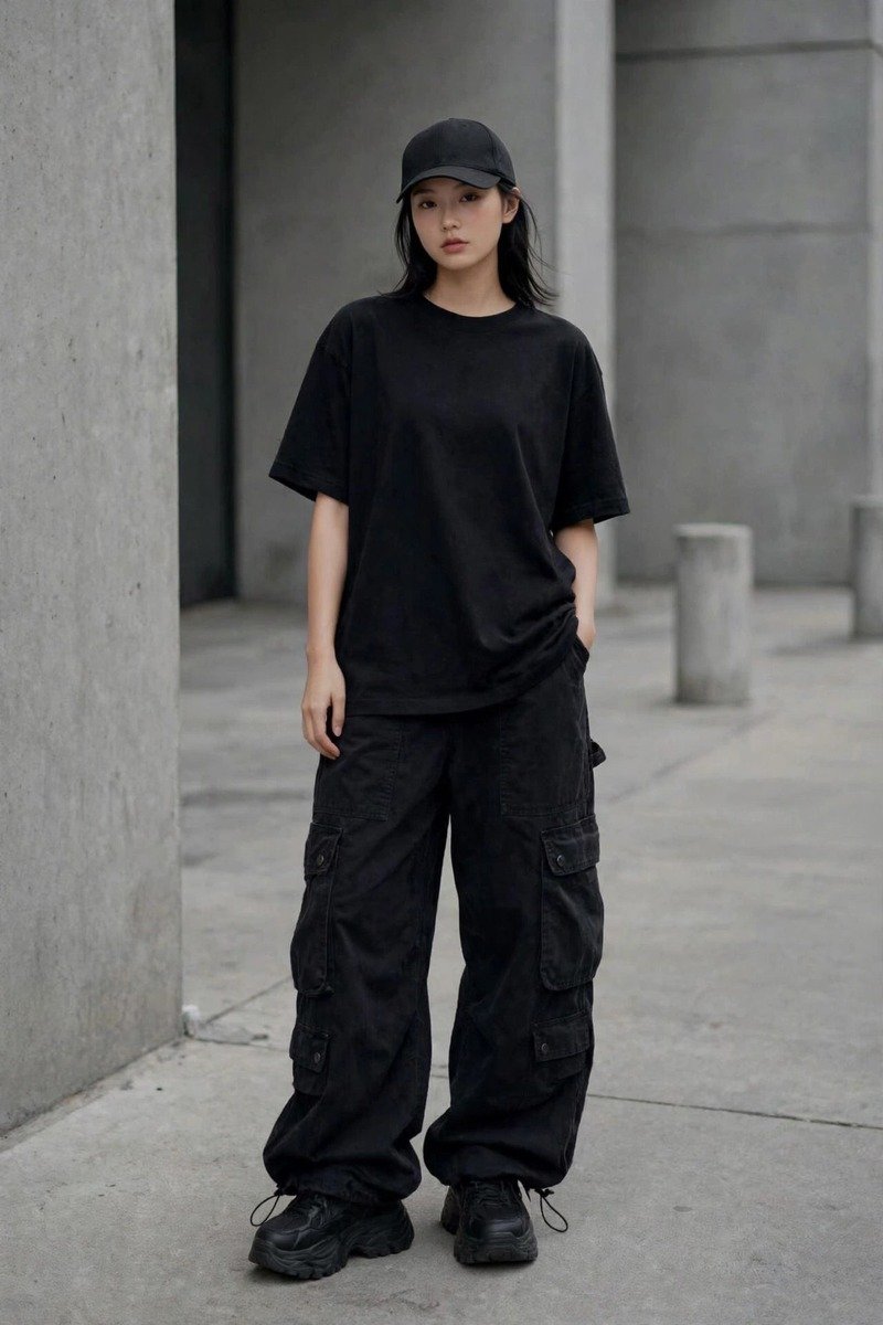 Woman wearing the iconic acubi all-black streetwear uniform with oversized tee and baggy cargo pants
