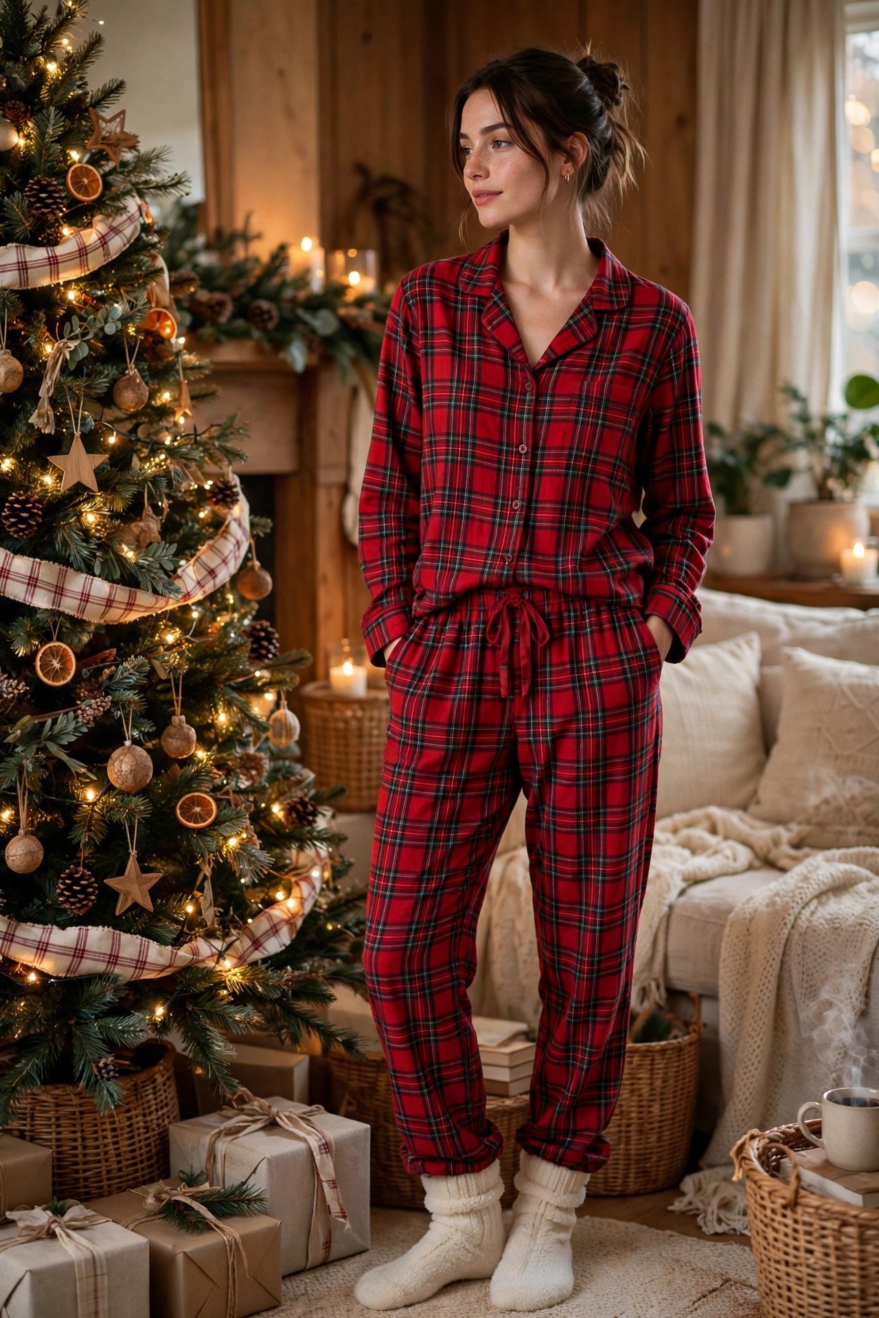 Woman in a classic red plaid flannel pajama set by a Christmas tree