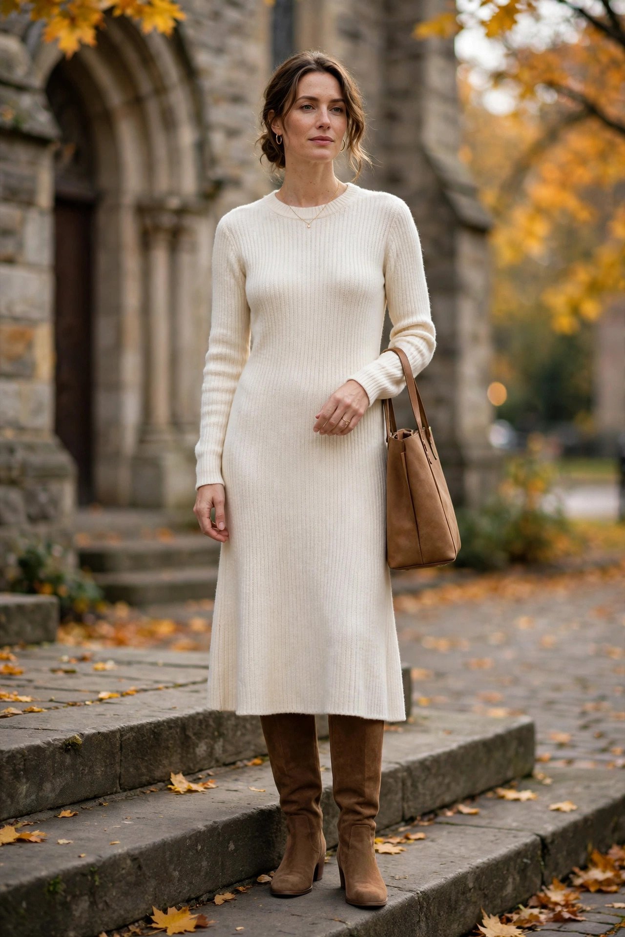 Woman wearing a cream ribbed sweater dress with brown knee-high boots outside a church