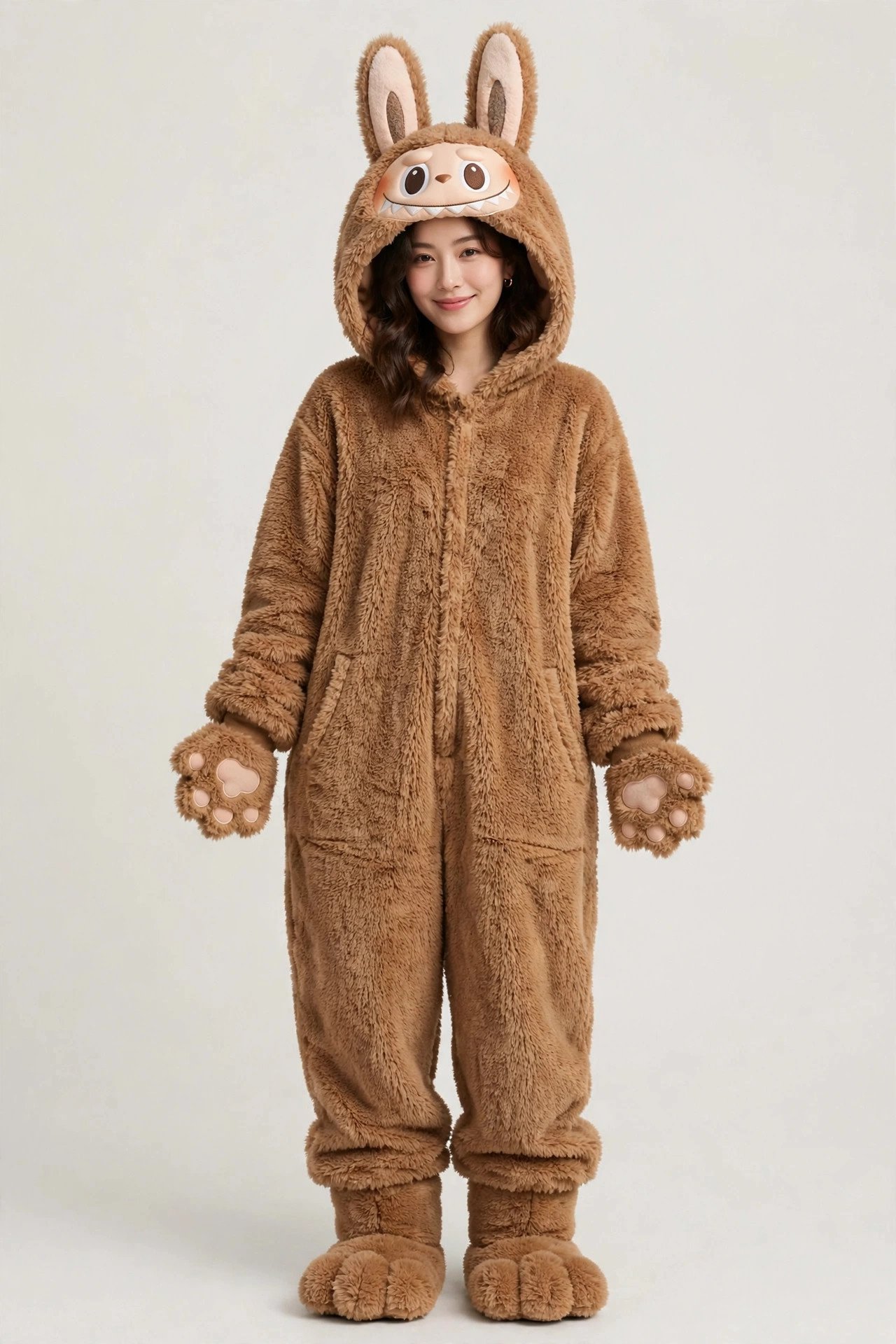 Woman in a fluffy toffee-brown Labubu onesie costume with long bunny ears, big round eyes and a toothy grin
