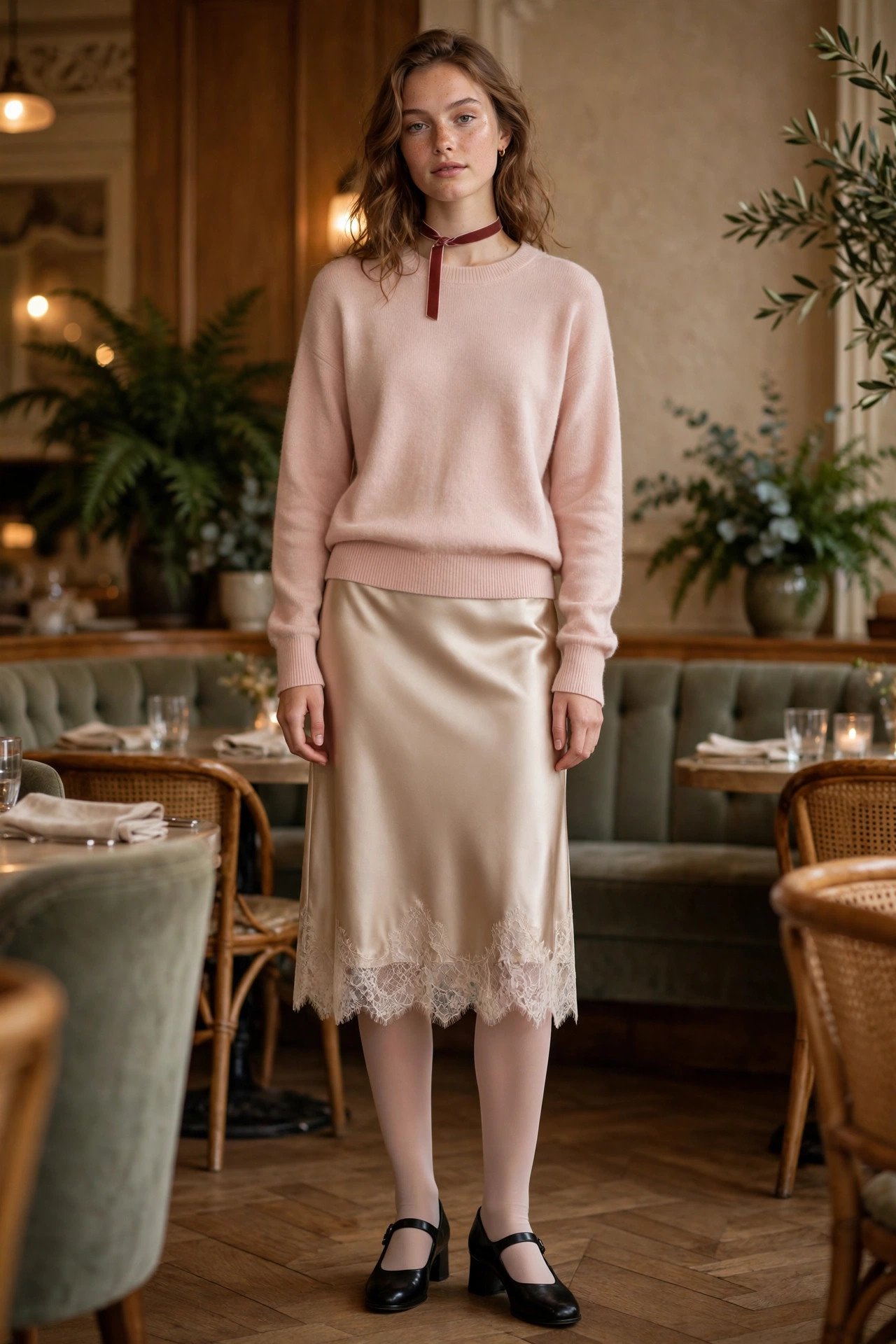 Blush pink sweater with a champagne lace-trim satin slip skirt and black Mary Janes