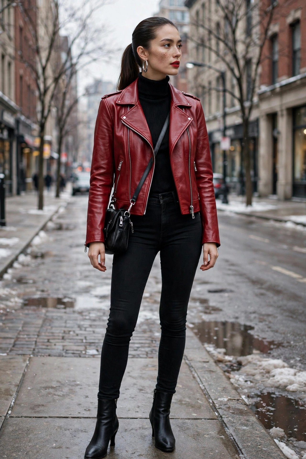 Woman in red leather moto jacket with black turtleneck and black skinny jeans