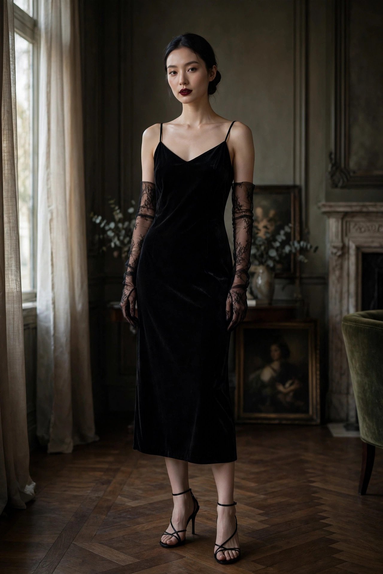 Woman in a black velvet slip dress with sheer lace opera gloves and strappy heels