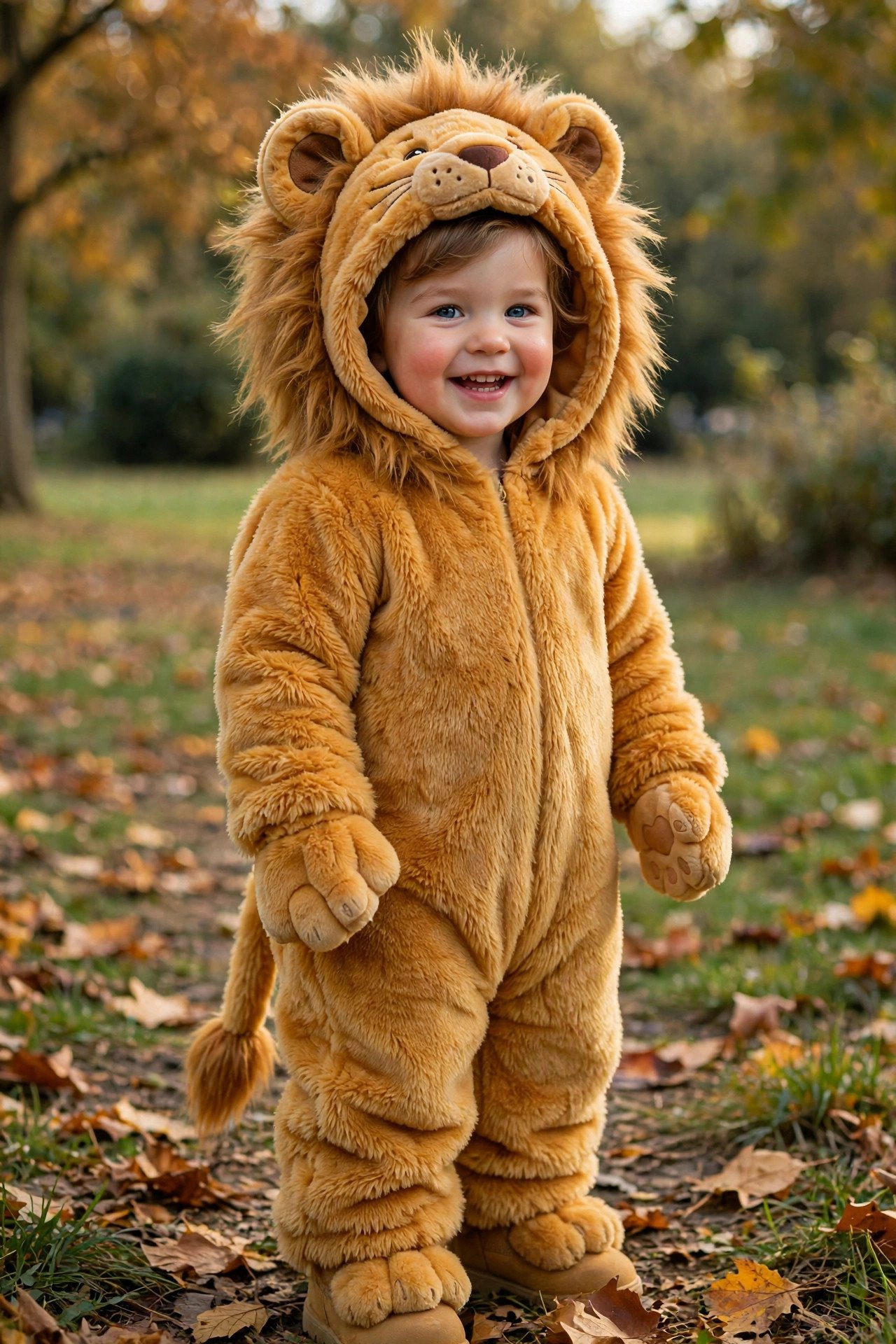 Toddler wearing a fluffy golden lion cub Halloween costume with a plush mane hood